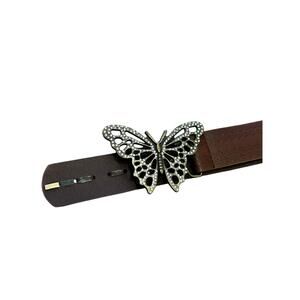 Vintage Y2K Junior Size 3 Brown Faux Leather Belt Butterfly Gemstone Buckle Boho
